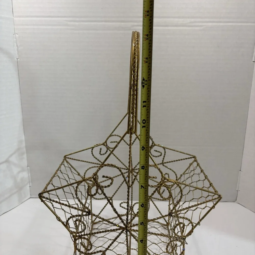 Christmas Gold Tone Glitter Metal Star Wire Basket with Handle Indoor 15in